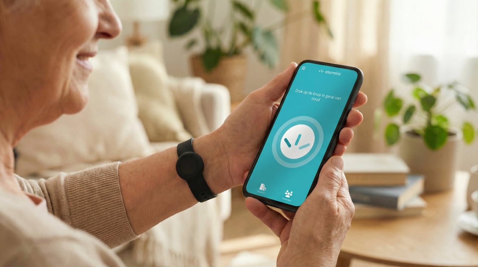 Iemand houdt een telefoon vast met het Alarmira-alarmscherm open, met de Alarmira-polsband om